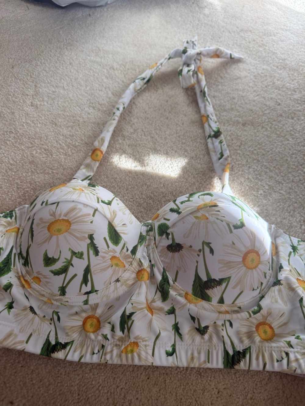 Daisy-Print Padded Halter Bikini Top - White & Yellow